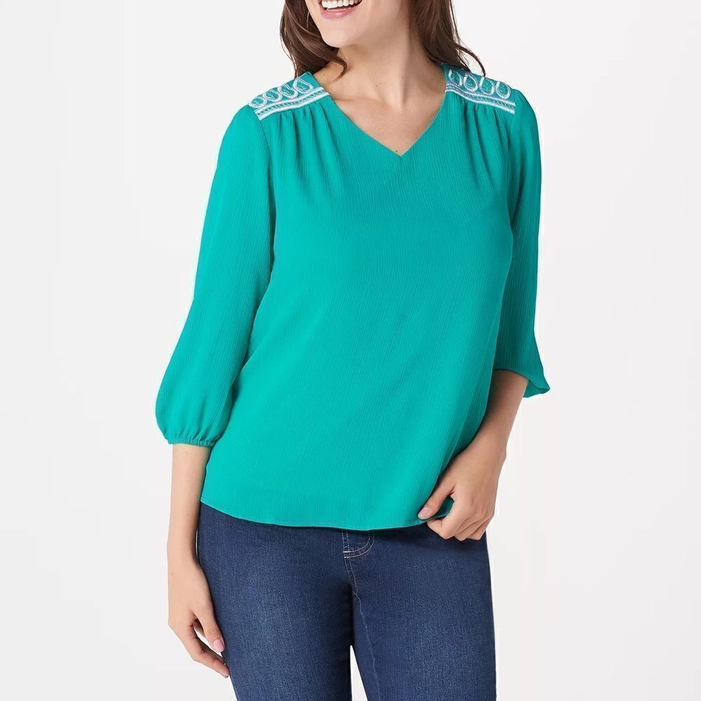 Bob Mackie Embroidered Shoulder Woven Top